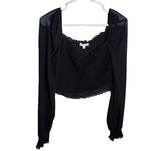 A'Gaci Blouse Women's Medium Sheer Black Cropped Smocked Long Sleeve Top